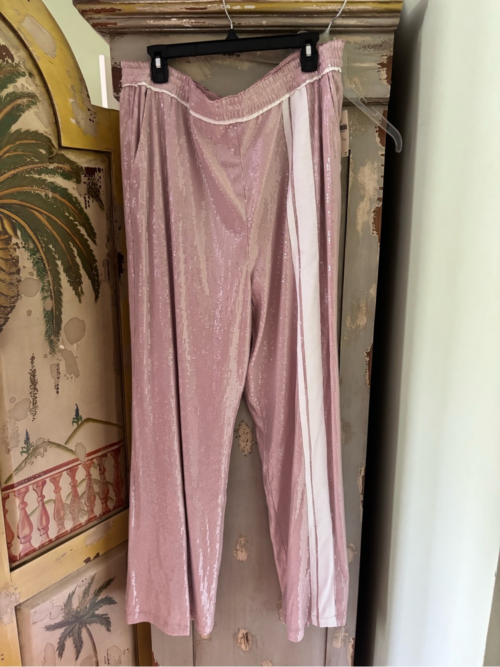 Maeve Dusky Pink Sequin Joggers with White Side Stripe